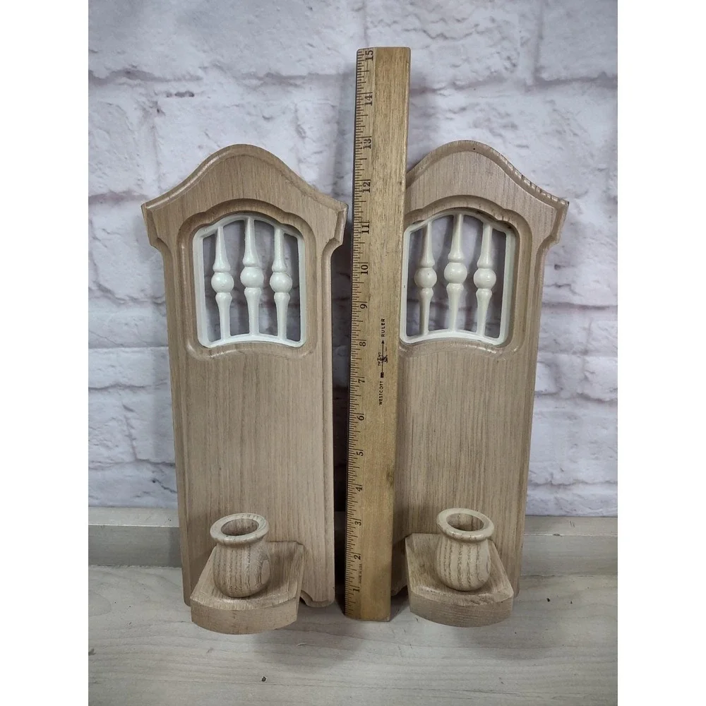 Vtg Pair Wooden Wall Sconce Candle Holders Decorative Plaques Sexton USA Retro